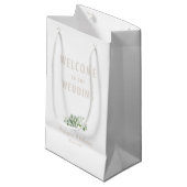 White Wedding Welcome Favor Beige Text Klein Cadeauzakje (Voorkant Gekanteld)