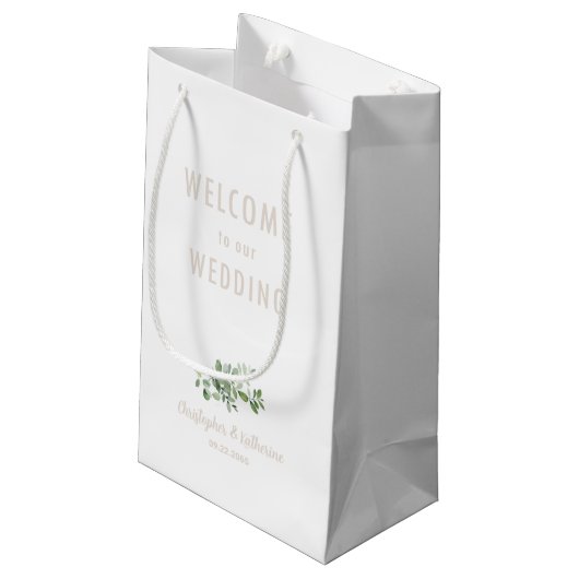 White Wedding Welcome Favor Beige Text Klein Cadeauzakje (Achterkant Gekanteld)