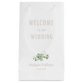 White Wedding Welcome Favor Beige Text Klein Cadeauzakje (Voorkant)