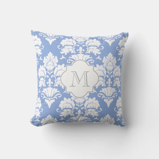 White & Wedgewood Blue Damask Monogrammed Pillow Kussen (Voorkant)