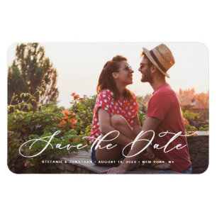 White Whimsical Calligraphy Photo Save the Date Magneet