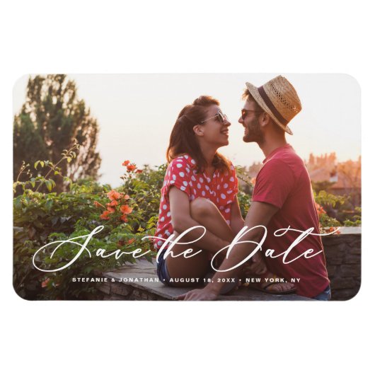 White Whimsical Calligraphy Photo Save the Date Magneet (Horizontaal)