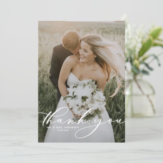 White Whimsical Script Overlay Photo Weddenschap Bedankkaart (Staand voorkant)