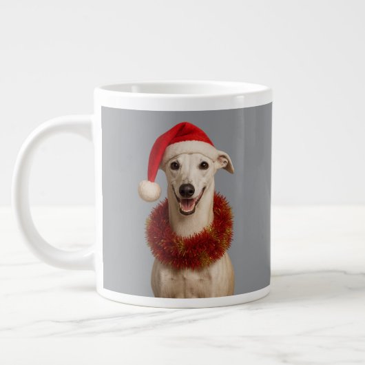 White whippet in Santa hat Christmas Extra Grote Beker (Links)