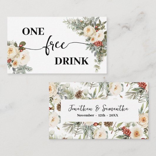 White Winter Floral Free Drink Wedding Ticket Card (Devant / Derrière)