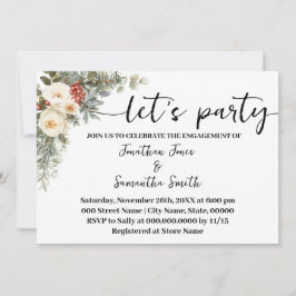 White Winter Floral Let's Party Engagement Kaart