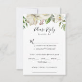 White Winter Peony Floral Mariage Menu Choix RSVP (Devant)