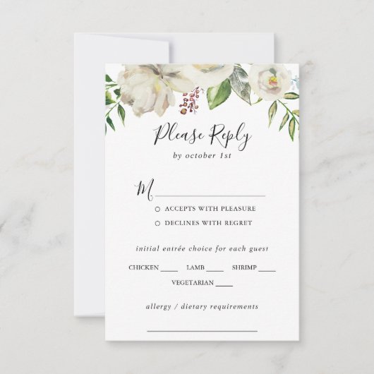 White Winter Peony Floral Mariage Menu Choix RSVP (Devant)