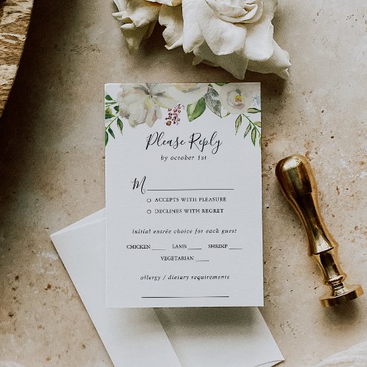 White Winter Peony Floral Mariage Menu Choix RSVP