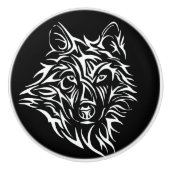 White Wolf Head op Black Keramische Knop (Voorkant)