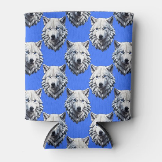 White Wolf Head Pattern Design Blauw Blikjeskoeler (Voorkant)