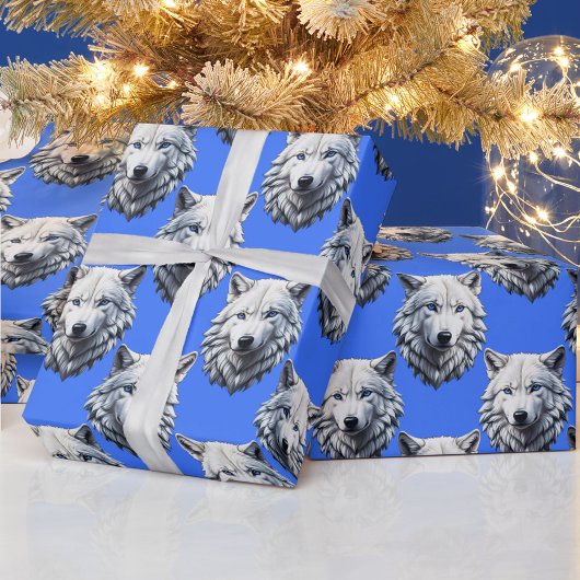 White Wolf Head Pattern Design Blauw Cadeaupapier
