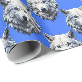 White Wolf Head Pattern Design Blauw Cadeaupapier (Rol Hoek)