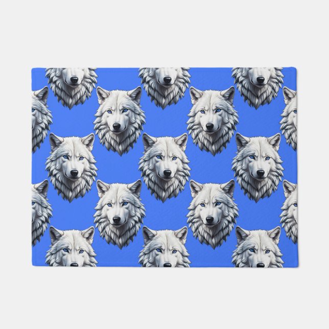 White Wolf Head Pattern Design Blauw Deurmat (Voorkant)