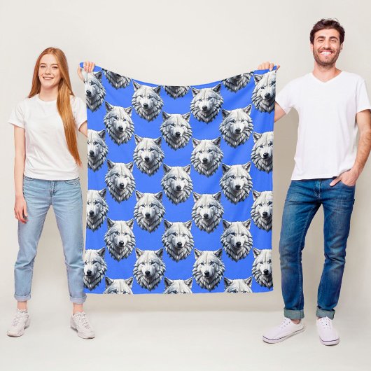 White Wolf Head Pattern Design Blauw Fleece Deken