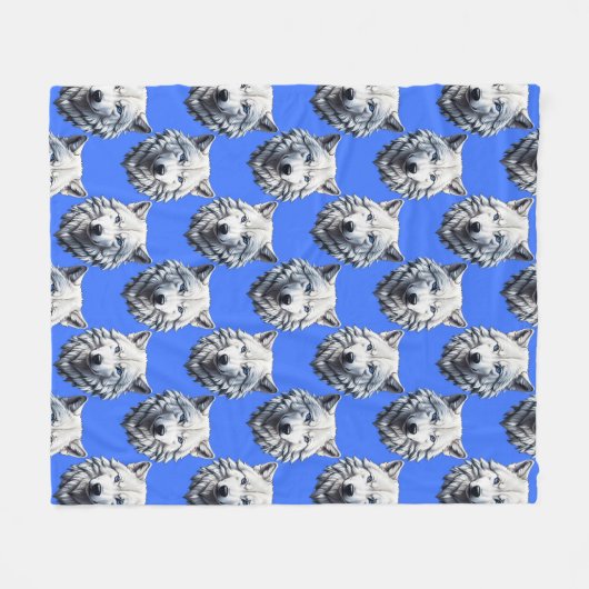 White Wolf Head Pattern Design Blauw Fleece Deken (Voorkant (Horizontaal))