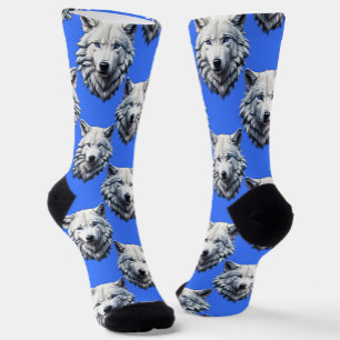 White Wolf Head Pattern Design Blauw Sokken