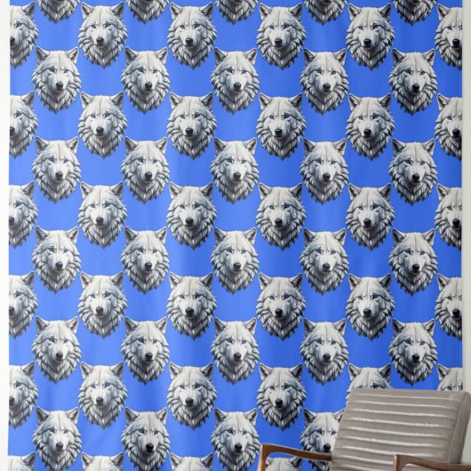 White Wolf Head Pattern Design Blauw Stof