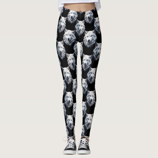 White Wolf Head Pattern Design Leggings (Voorkant)