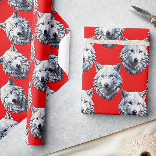 White Wolf Head Pattern Design - Rood Cadeaupapier