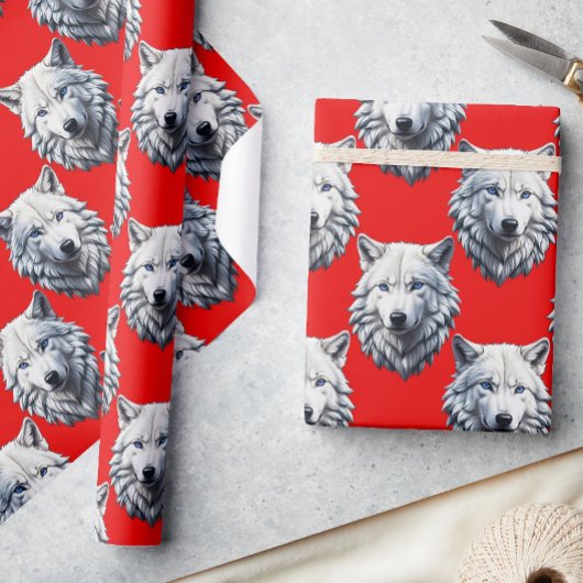 White Wolf Head Pattern Design - Rood Cadeaupapier