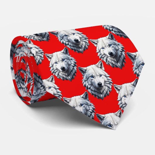 White Wolf Head Pattern Design - Rood Stropdas (Opgerold)