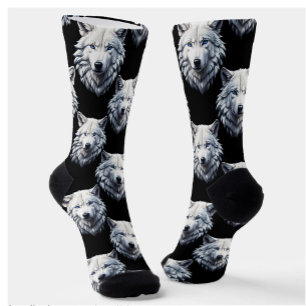White Wolf Head Pattern Design Sokken