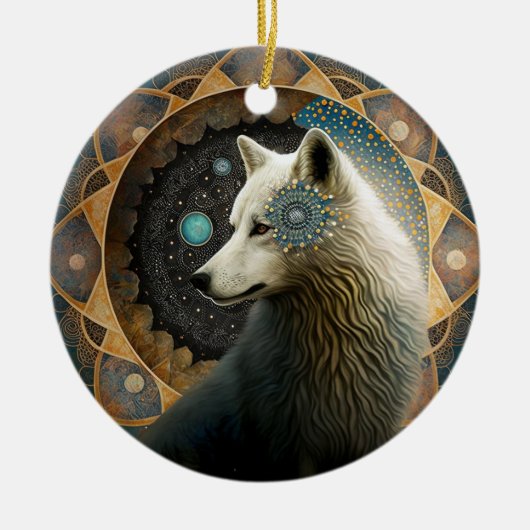 White Wolf Mandala Keramisch Ornament (Voorkant)