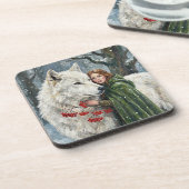 White Wolf Redhead Druid Winter Berries Fantasy Ar Bier Onderzetter (Linkerzijde)