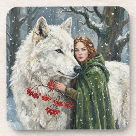 White Wolf Redhead Druid Winter Berries Fantasy Ar Bier Onderzetter
