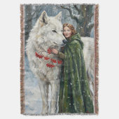 White Wolf Redhead Druid Winter Berries Fantasy Ar Deken (Voorkant Verticaal)