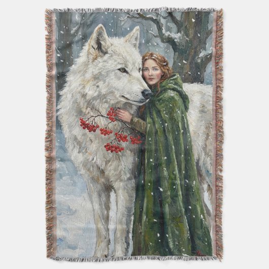 White Wolf Redhead Druid Winter Berries Fantasy Ar Deken (Voorkant Verticaal)