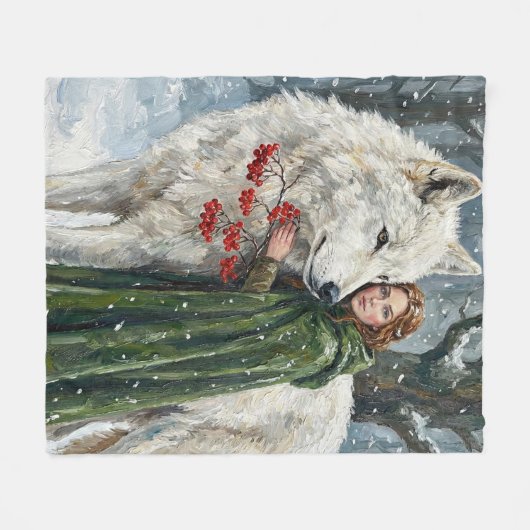 White Wolf Redhead Druid Winter Berries Fantasy Ar Fleece Deken (Voorkant (Horizontaal))