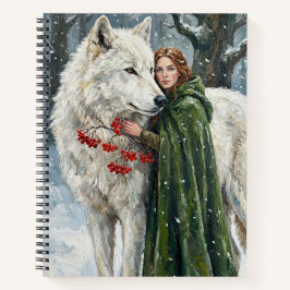 White Wolf Redhead Druid Winter Berries Fantasy Ar Notitieboek