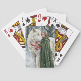 White Wolf Redhead Druid Winter Berries Fantasy Ar Pokerkaarten