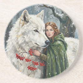 White Wolf Redhead Druid Winter Berries Fantasy Ar Zandsteen Onderzetter