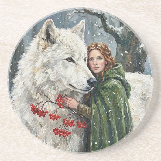 White Wolf Redhead Druid Winter Berries Fantasy Ar Zandsteen Onderzetter (Voorkant)