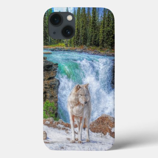 White Wolf & Rocky Mountain Waterfall Wildlife Art Case-Mate iPhone Case (Achterkant)
