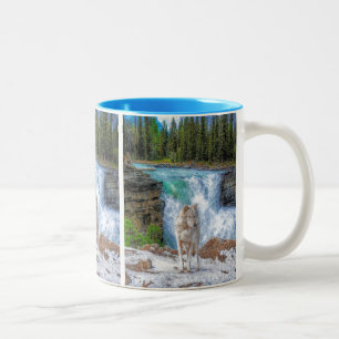 White Wolf & Rocky Mountain Waterfall Wildlife Art Tweekleurige Koffiemok