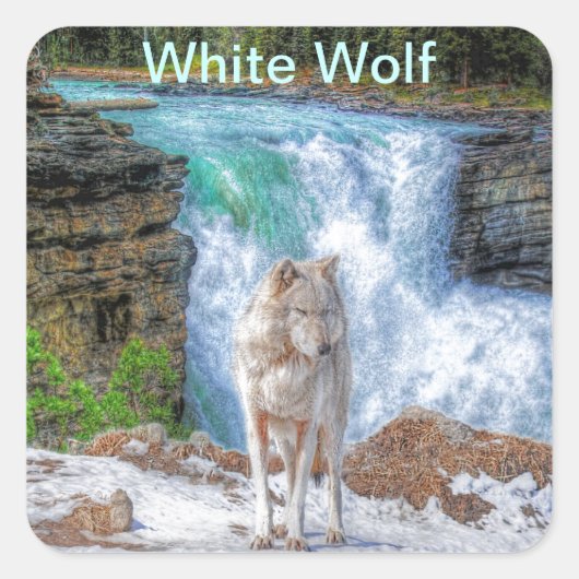 White Wolf & Rocky Mountain Waterfall Wildlife Art Vierkante Sticker (Voorkant)