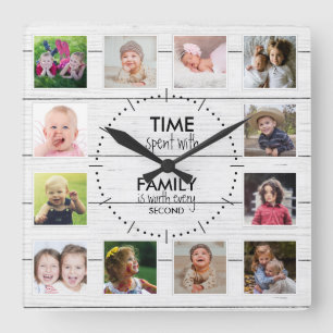 White Wood 12 Photo Template Time Family Quote   Vierkante Klok