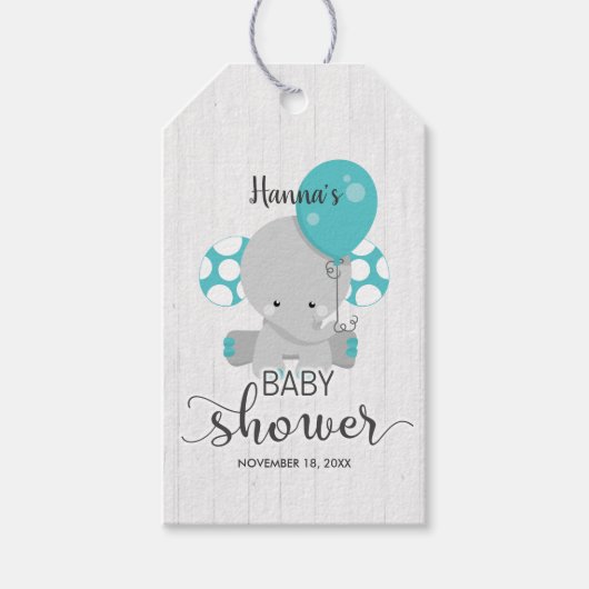 White Wood & Blauwgroen Elephant Baby shower Dank  Cadeaulabel (Voorkant)
