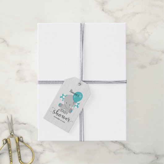 White Wood & Blauwgroen Elephant Baby shower Dank  Cadeaulabel (Met Touw)