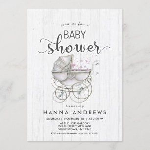 White Wood & Carriage Meisje Baby shower Uitnodigi Kaart