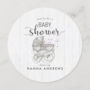 White Wood & Carriage Meisje Baby shower Uitnodigi Kaart