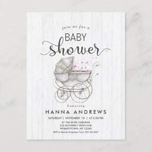 White Wood & Carriage Meisje Baby shower Uitnodigi Kaart