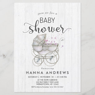 White Wood & Carriage Meisje Baby shower Uitnodigi Kaart