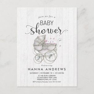 White Wood & Carriage Meisje Baby shower Uitnodigi Uitnodiging Briefkaart