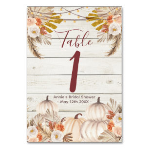 White Wood Cream Pumpkin Floral Table Number Kaart