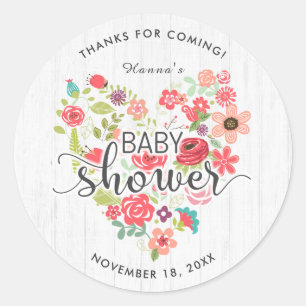 White Wood Floral Heart Meisje Baby shower Dank u Ronde Sticker